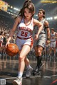 A group of young women playing a game of basketball.