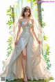 A woman in a wedding dress standing in the woods.