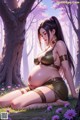 A pregnant woman sitting in the middle of a forest.