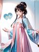 A woman in a blue and pink dress holding a heart.